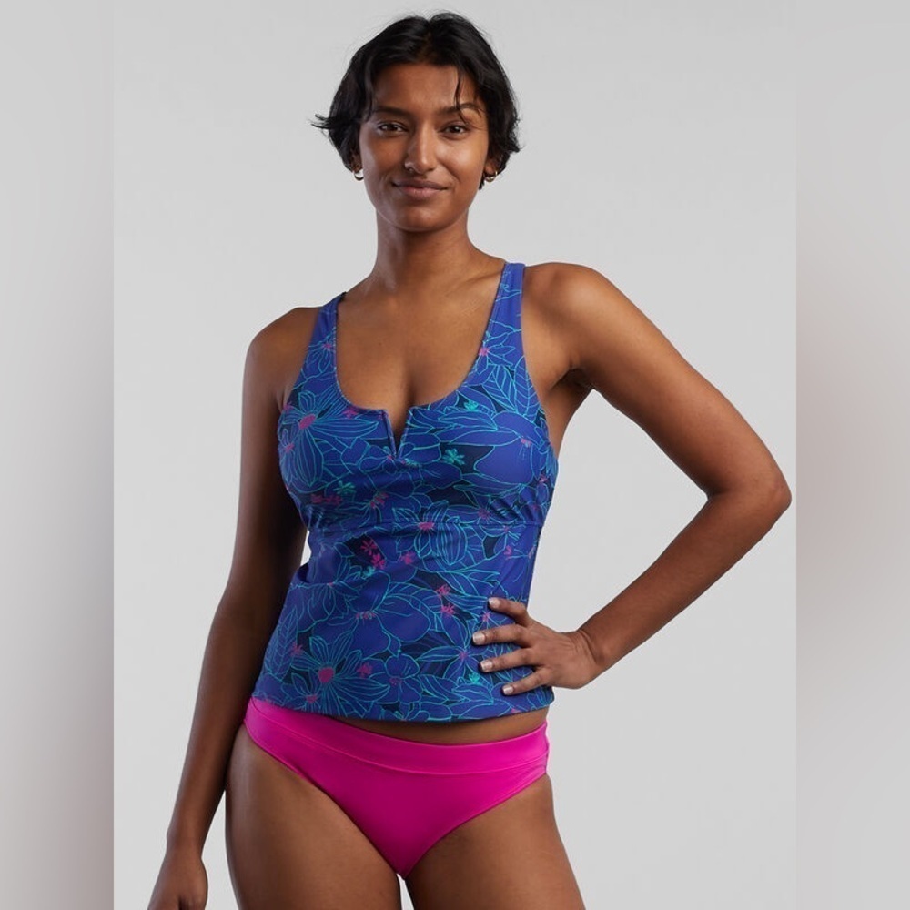 Title Nine Blue Floral Tankini Top with Magenta Bikini Bottoms